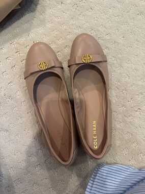 Cole Haan Nude Taupe Leather Ballet Flats with Gold Logo